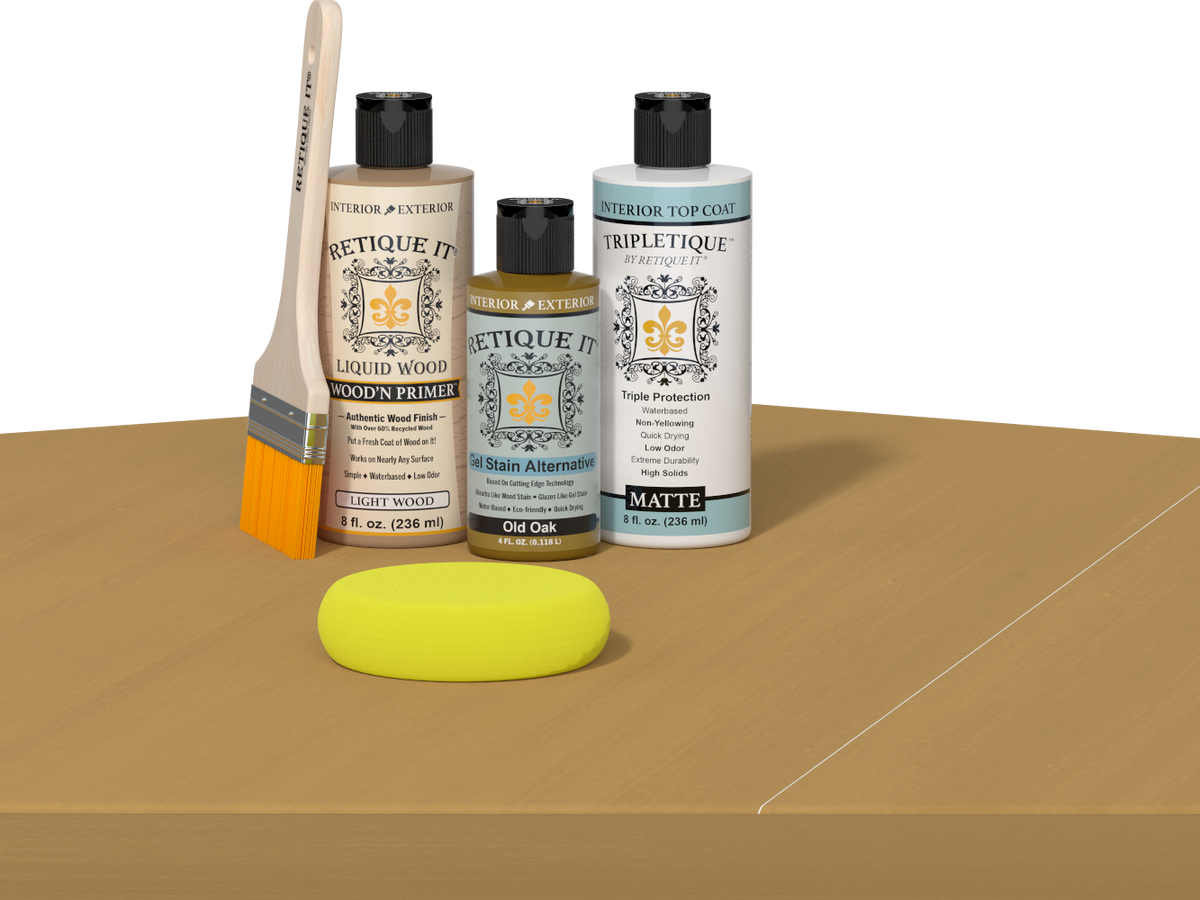 Retique It® Light Wood Wood’n Primer with Old Oak Gel Stain Alternative, matte topcoat, brush, and yellow sponge on a tabletop.