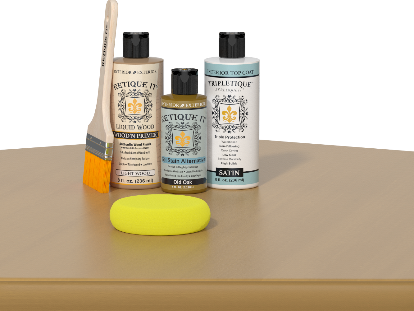 Retique It® Light Wood Wood’n Primer with Old Oak Gel Stain Alternative, satin topcoat, brush, and yellow sponge on a tabletop.