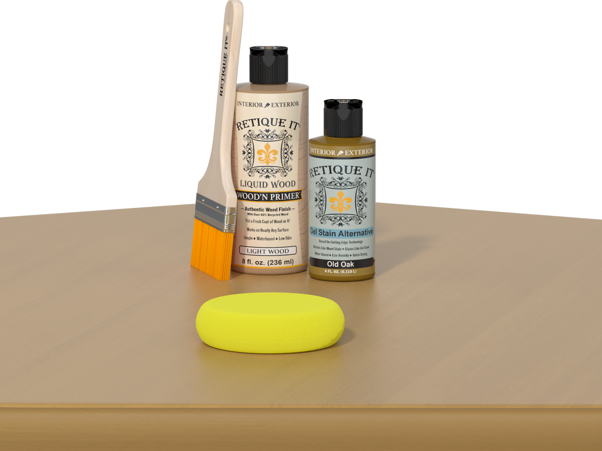 Retique It® Old Oak Kit with Light Wood’n Primer, Old Oak Gel Stain Alternative, paintbrush, and yellow sponge on an oak tabletop.