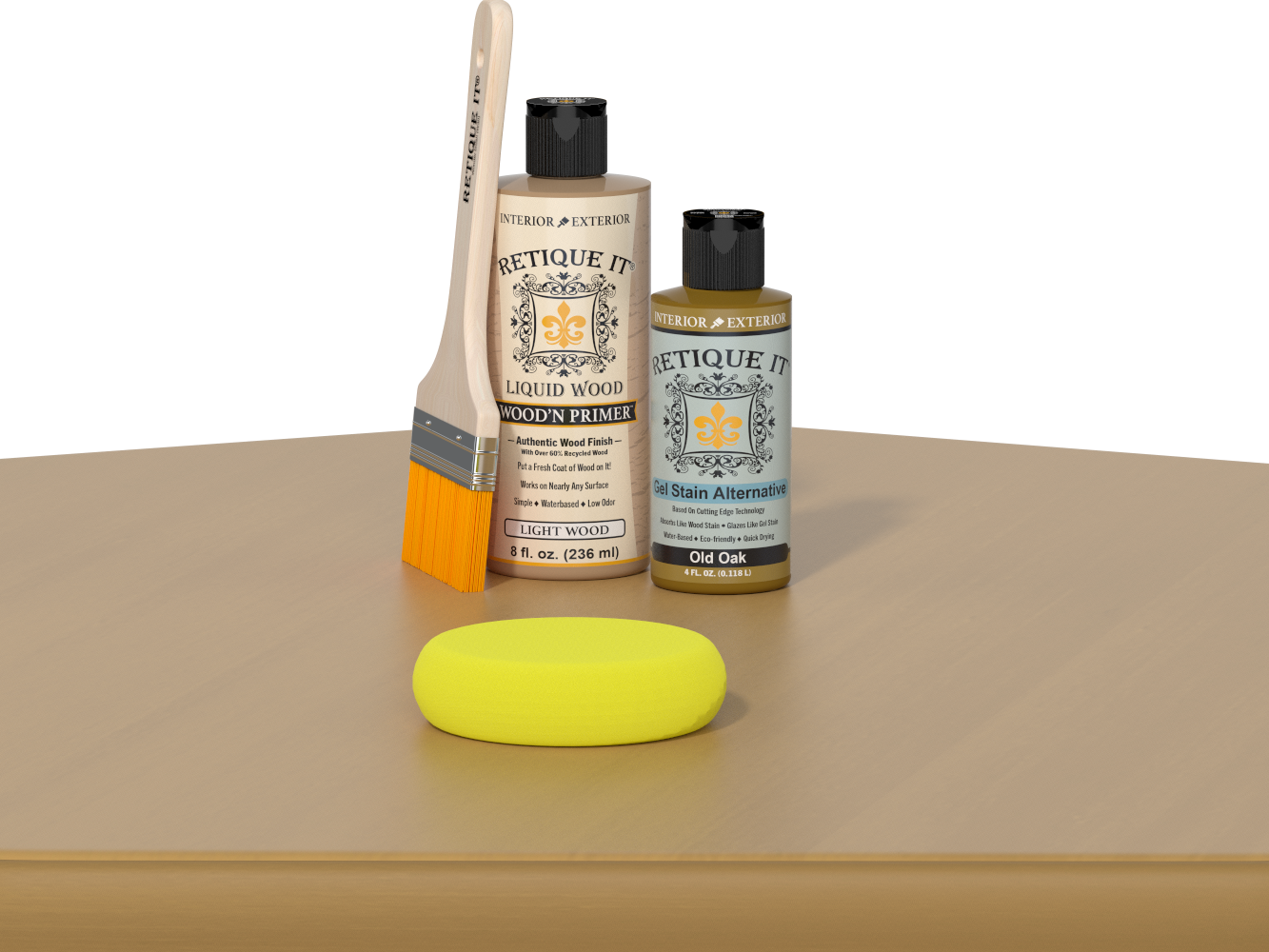 Retique It® Old Oak Kit with Light Wood’n Primer, Old Oak Gel Stain Alternative, paintbrush, and yellow sponge on an oak tabletop.