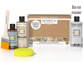 Retique It® Pecan Multipurpose Kit with Light Wood Liquid Wood primer, Pecan gel stain alternative, PolyTique It® matte exterior top coat, paintbrush, and yellow sponge displayed with the product box.