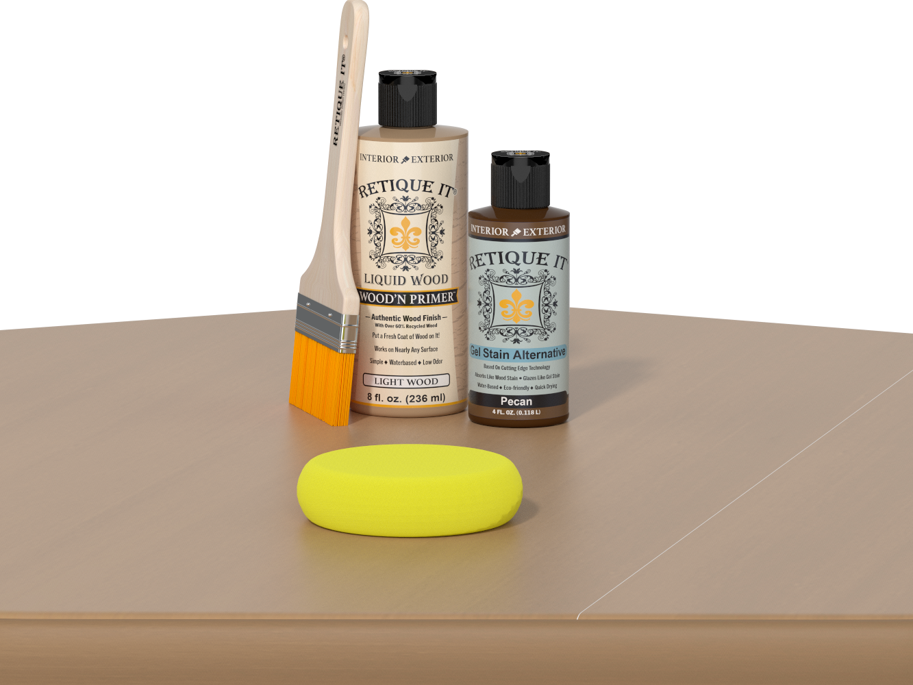 Retique It® Light Wood kit with brush, Wood’n Primer, Pecan stain alternative, and yellow sponge.
