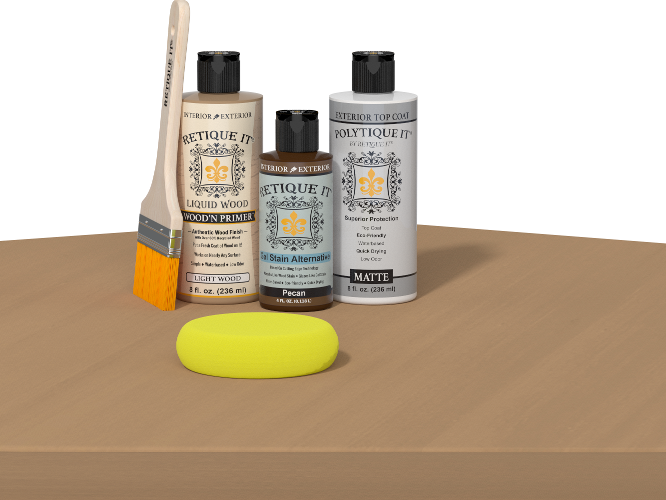 Retique It® Pecan Multipurpose Kit contents with Light Wood Liquid Wood primer, Pecan gel stain alternative, PolyTique It® matte exterior top coat, paintbrush, and yellow sponge displayed on a wood surface.