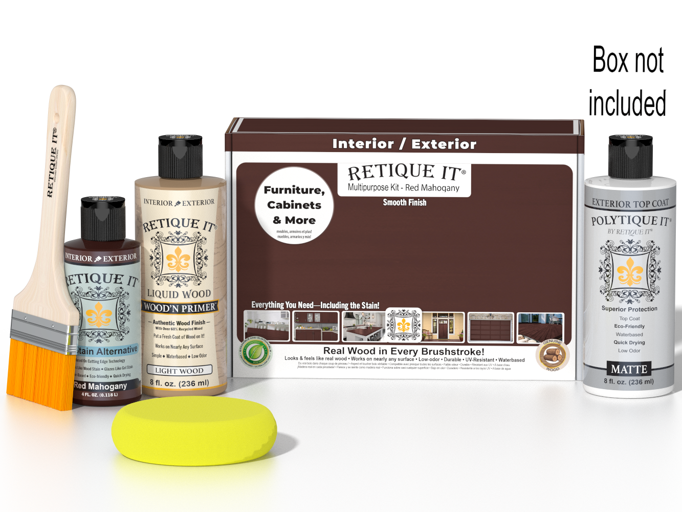 Retique It® Multipurpose Kit - Red Mahogany with primer, stain, matte topcoat, brush, sponge, and packaging.