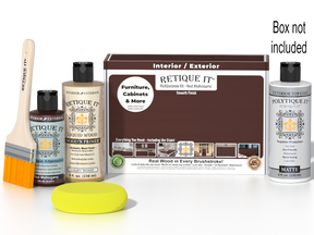Retique It® Multipurpose Kit - Red Mahogany with primer, stain, matte topcoat, brush, sponge, and packaging.