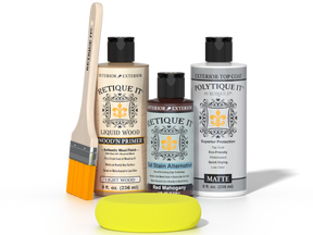 Retique It® Light Wood Wood’n Primer with Red Mahogany Gel Stain Alternative, matte topcoat, brush, and yellow sponge.