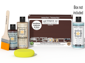 Retique It® Multipurpose Kit - Red Mahogany with primer, stain, matte topcoat, brush, sponge, and red graining tools beside the box.