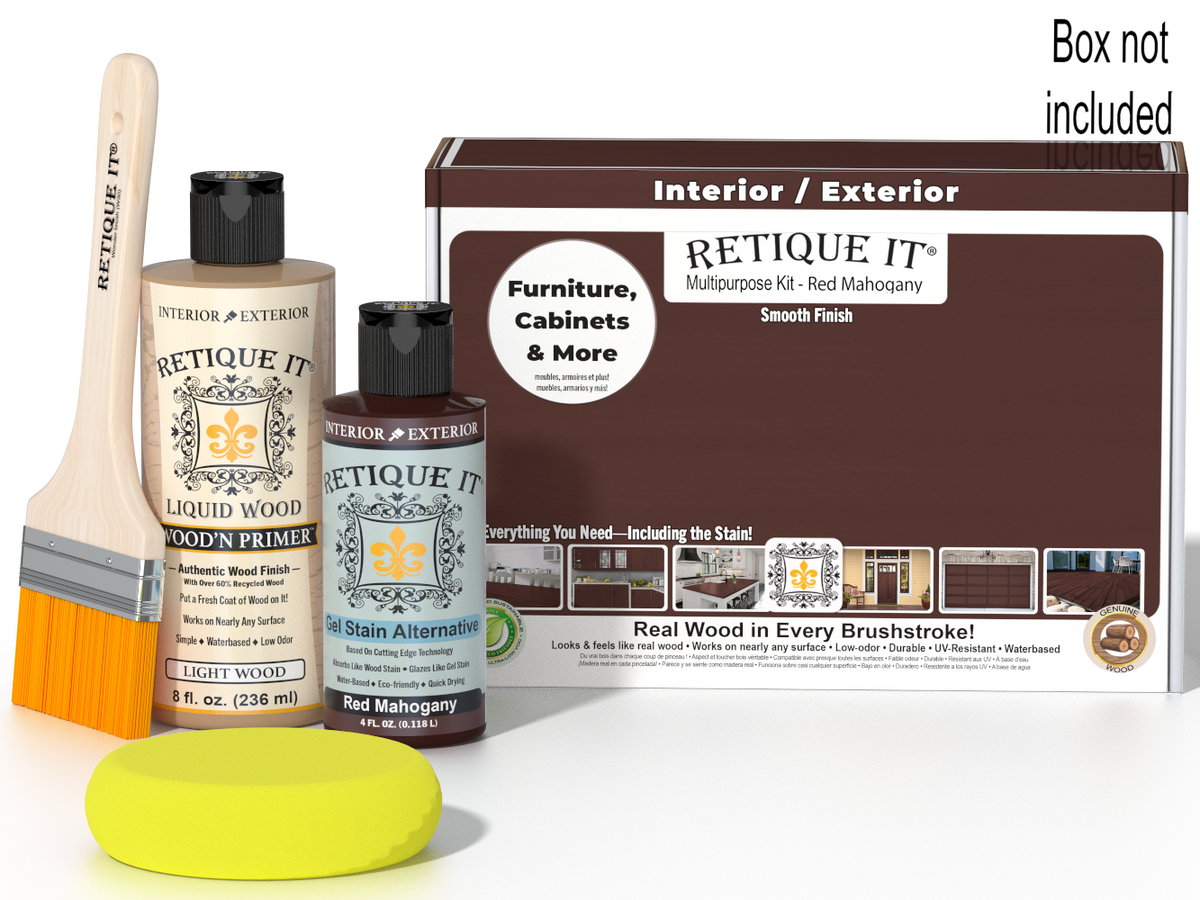 Retique It® Multipurpose Kit - Red Mahogany with primer, gel stain alternative, brush, yellow sponge, and packaging.