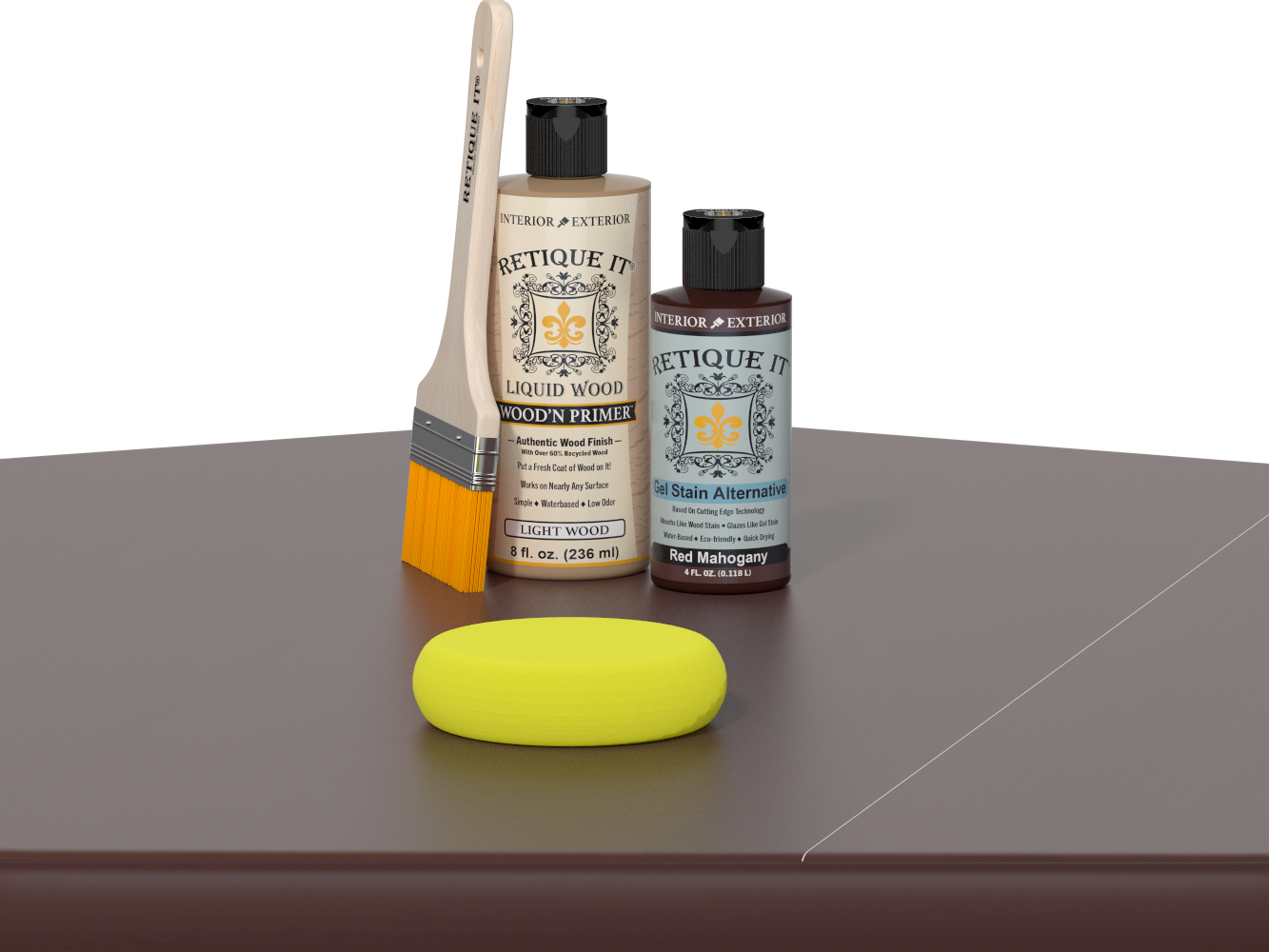 Retique It® Light Wood Wood’n Primer with Red Mahogany Gel Stain Alternative, brush, and yellow sponge on a tabletop.