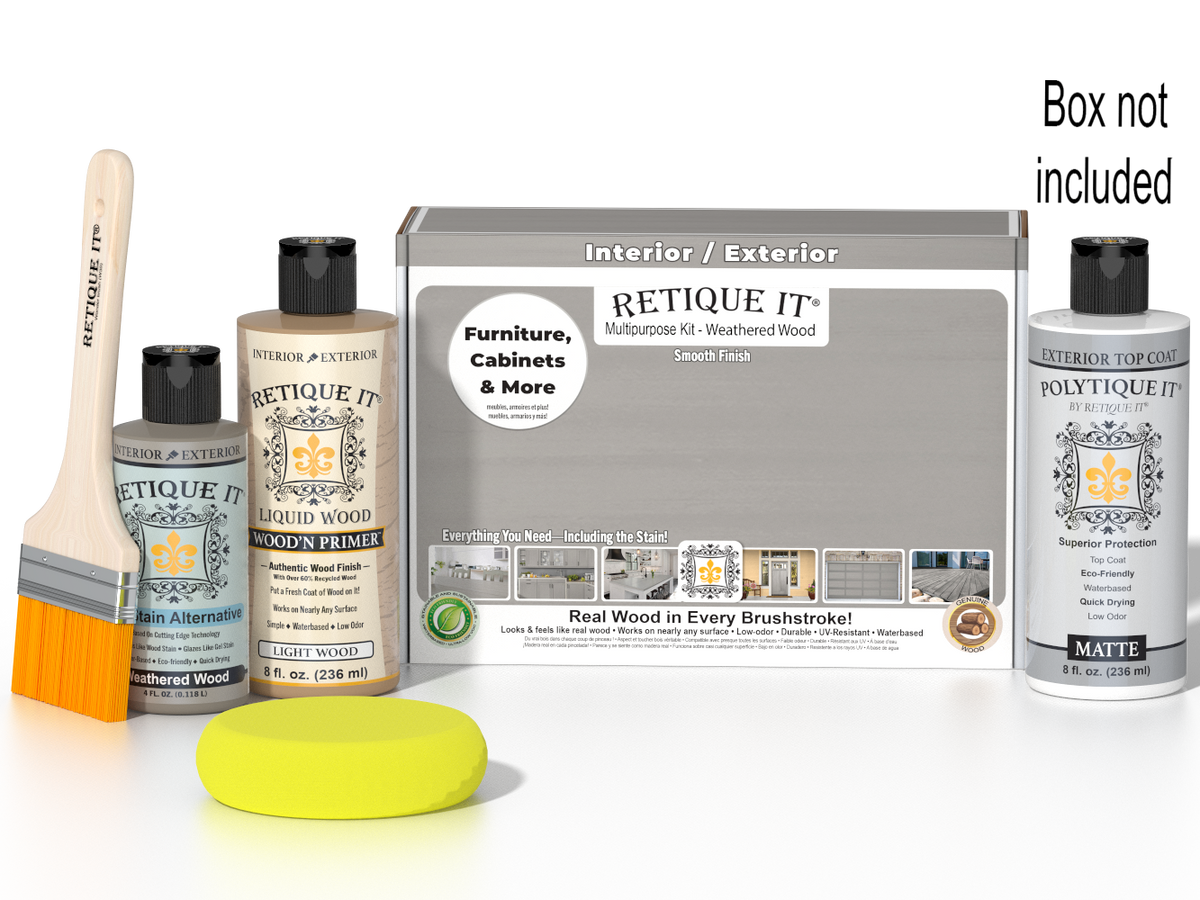 Retique It® Weathered Wood kit with brush, Wood’n Primer, stain alternative, matte top coat, and box not included.