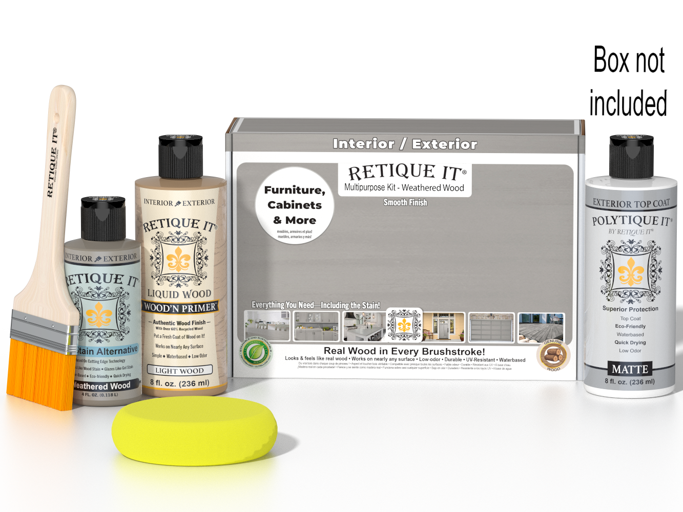 Retique It® Weathered Wood kit with brush, Wood’n Primer, stain alternative, matte top coat, and box not included.