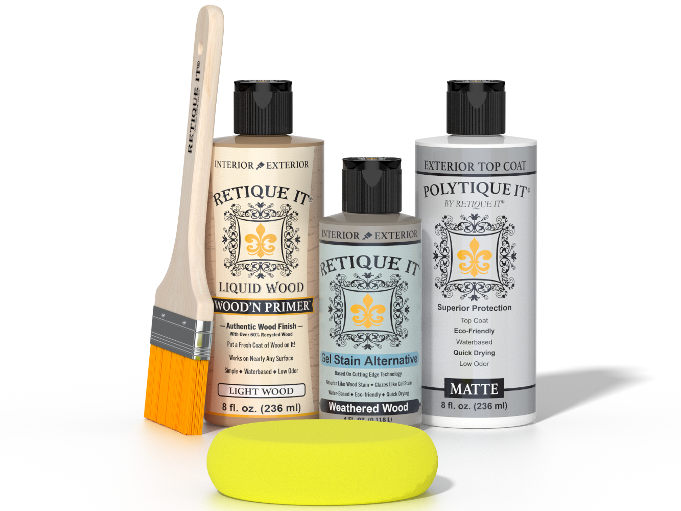 Retique It® Light Wood kit with brush, Weathered Wood stain alternative, matte top coat, and yellow sponge.