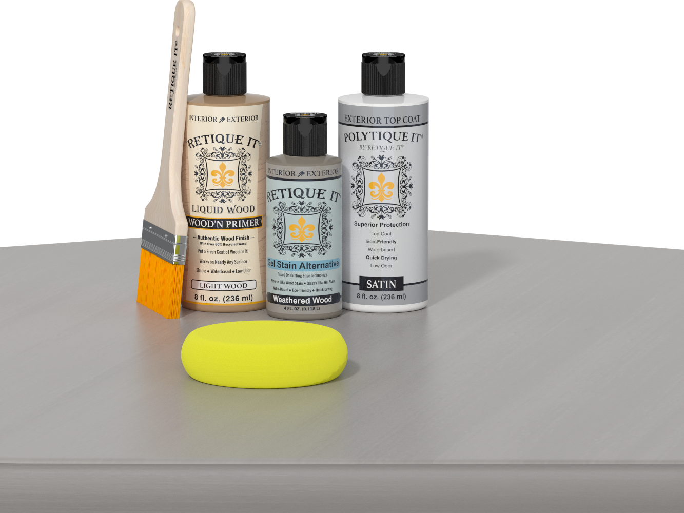 Retique It® Light Wood kit with brush, Weathered Wood stain alternative, and satin top coat on a reflective surface.
