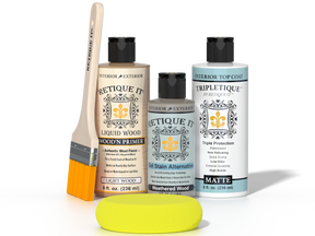 Retique It® Light Wood kit with brush, Wood’n Primer, Weathered Wood stain alternative, matte top coat, and yellow sponge.