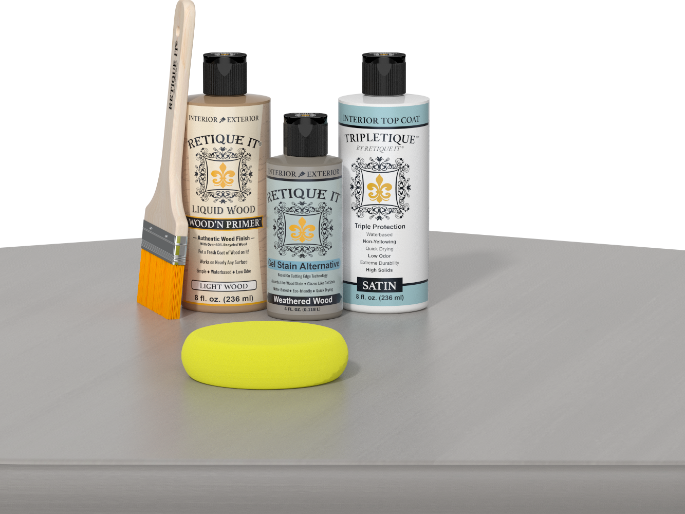 Retique It® Weathered Wood kit with brush, Wood’n Primer, stain alternative, matte top coat, and yellow sponge.