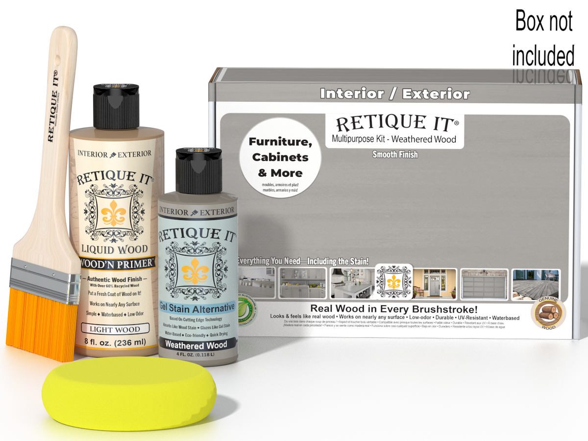 Retique It® Weathered Wood kit with brush, Wood’n Primer, Weathered Wood stain alternative, and box not included.