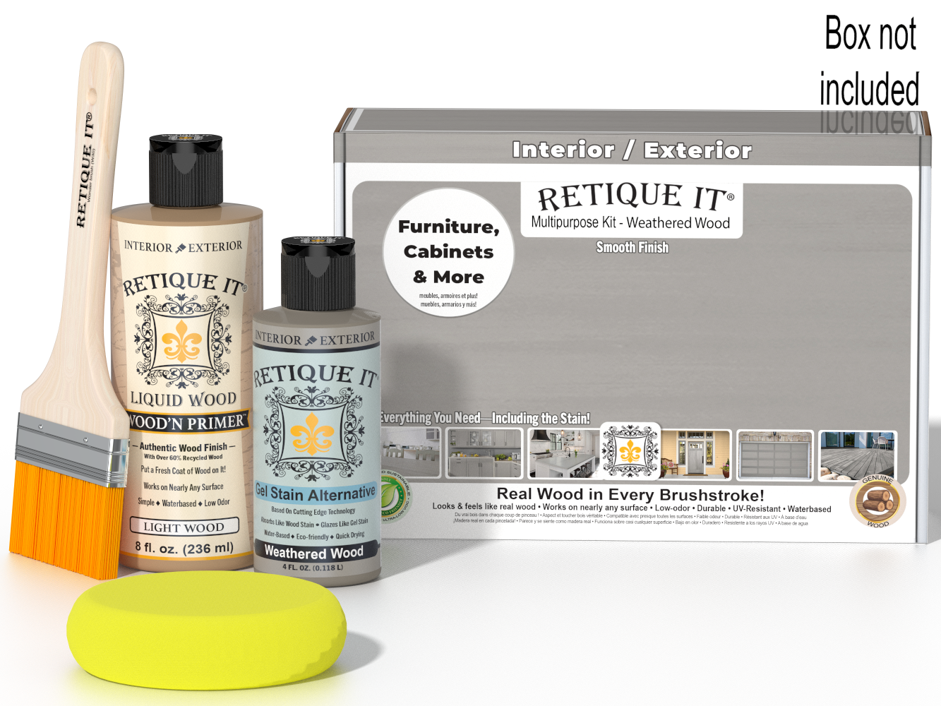 Retique It® Weathered Wood kit with brush, Wood’n Primer, Weathered Wood stain alternative, and box not included.
