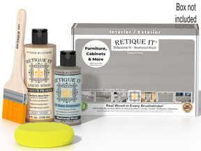 Retique It® Weathered Wood kit with brush, Wood’n Primer, Weathered Wood stain alternative, and box not included.