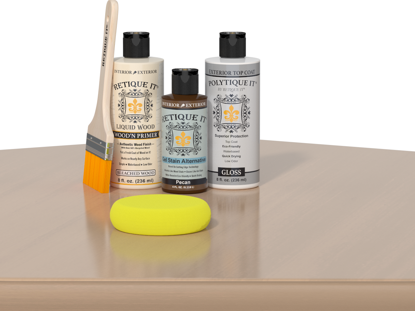 Retique It® White Oak kit with brush, Wood’n Primer, Pecan stain alternative, gloss top coat, and yellow sponge on a wood surface.