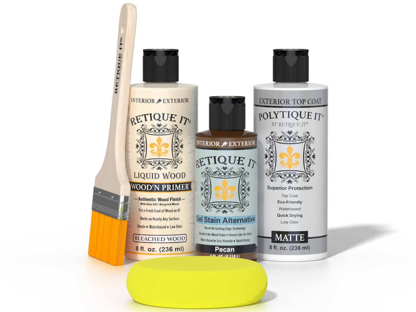 Retique It® White Oak kit with brush, Wood’n Primer, Pecan stain alternative, matte top coat, and yellow sponge.