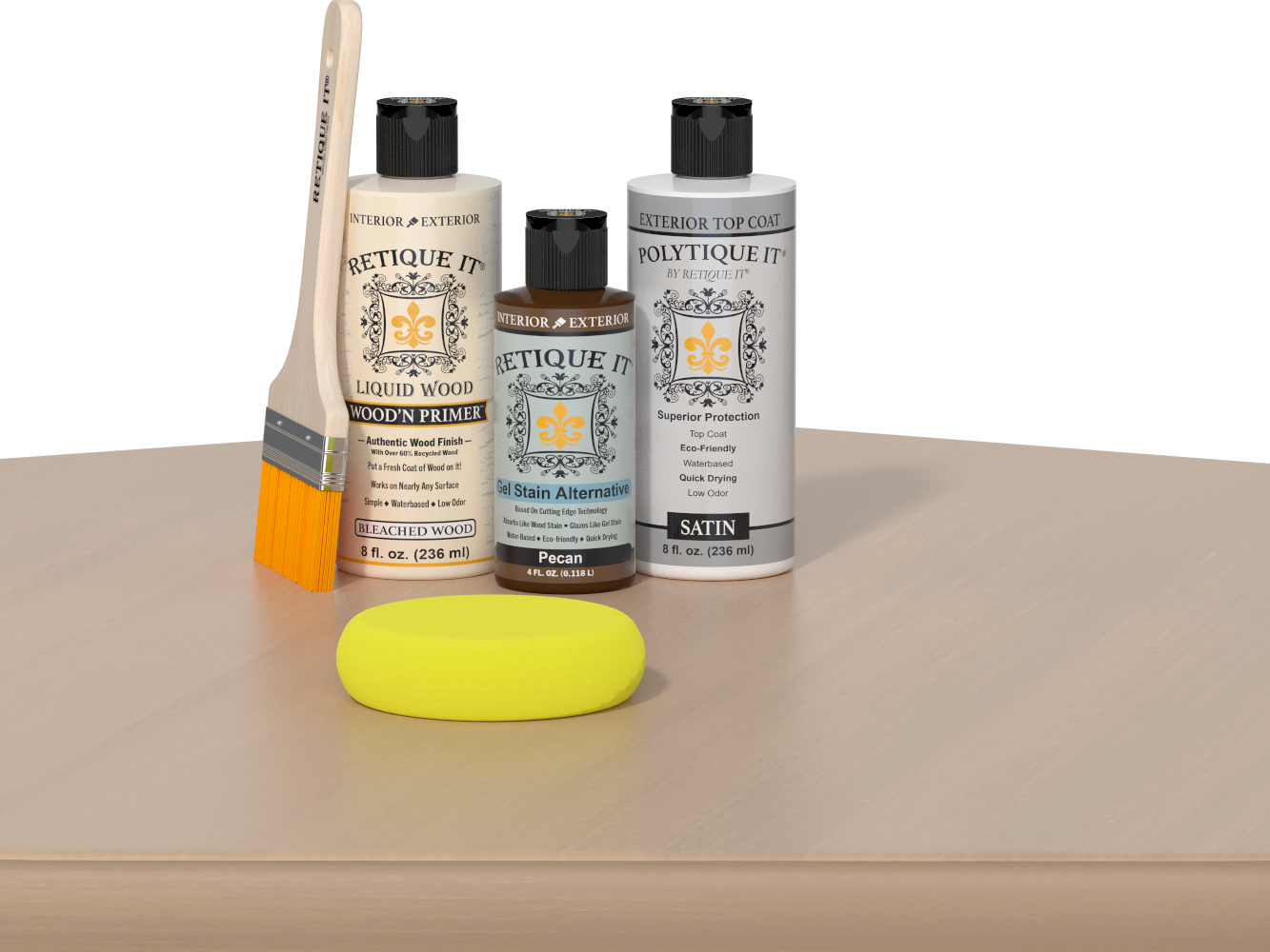 Retique It® White Oak kit with brush, Wood’n Primer, Pecan stain alternative, satin top coat, and yellow sponge on a wood surface.