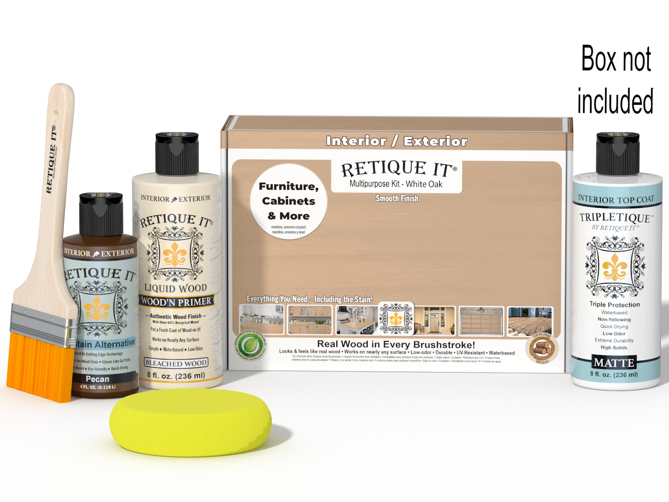 Retique It® White Oak kit with box, brush, sponge, and Tripletique top coat.