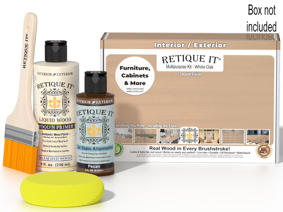 Retique It® White Oak kit with brush, sponge, and Pecan stain alternative; box not included.