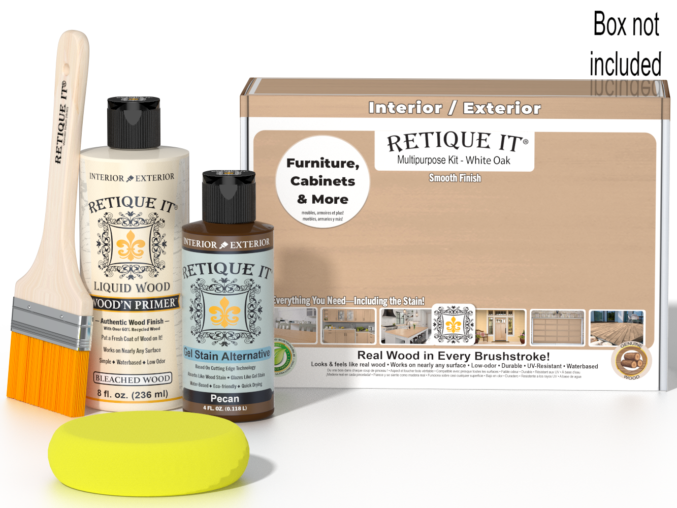 Retique It® White Oak kit with brush, sponge, and Pecan stain alternative; box not included.