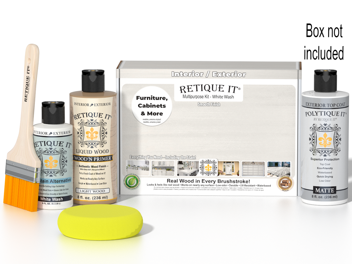 Retique It® Multipurpose Kit - White Wash with box not included, primer, White Wash Gel Stain Alternative, matte topcoat, brush, and yellow sponge.