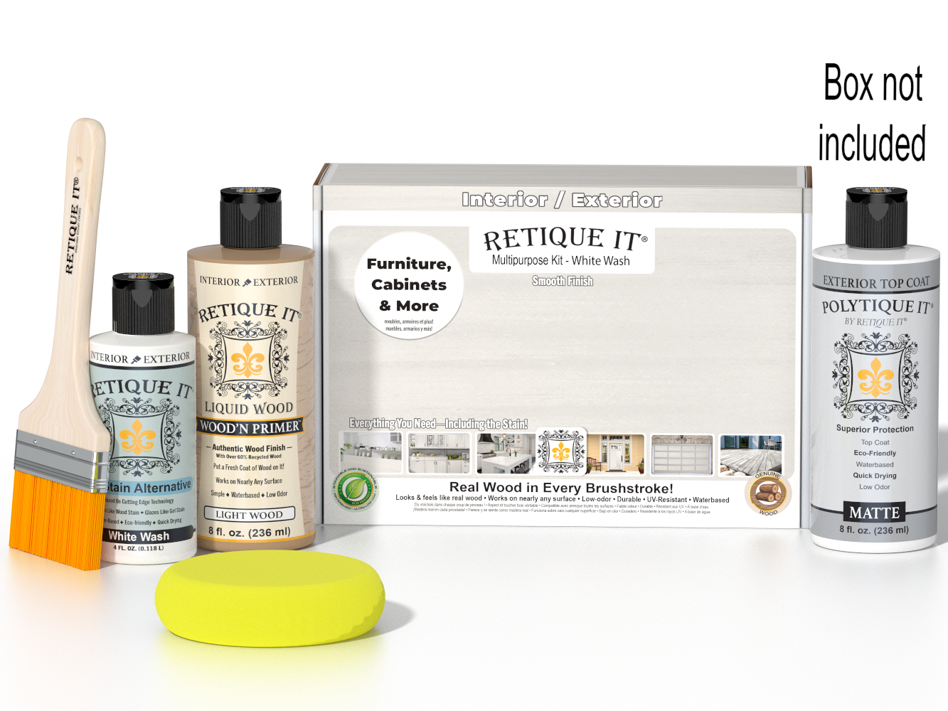 Retique It® Multipurpose Kit - White Wash with box not included, primer, White Wash Gel Stain Alternative, matte topcoat, brush, and yellow sponge.