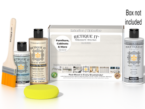 Retique It® Multipurpose Kit - White Wash with box not included, primer, White Wash Gel Stain Alternative, matte topcoat, brush, and yellow sponge.