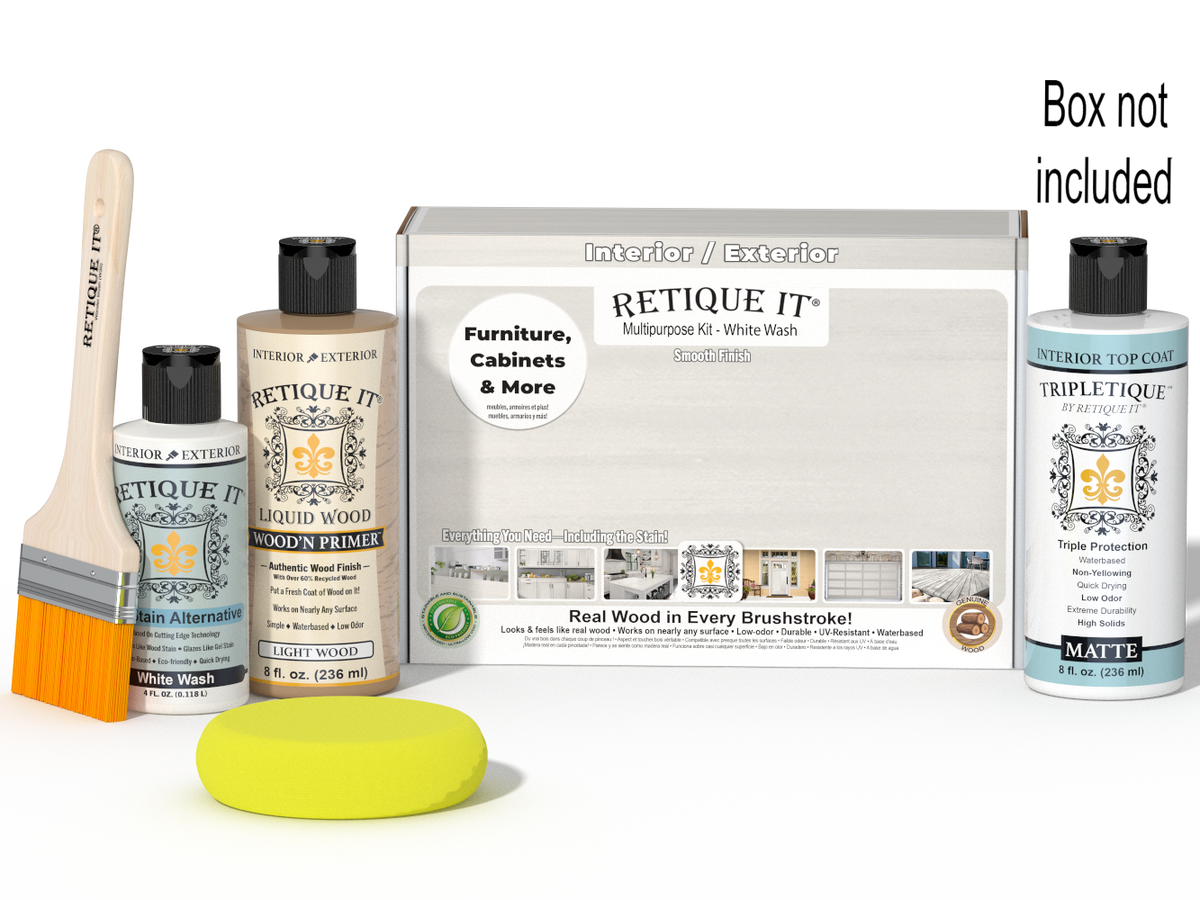 Retique It® Multipurpose Kit - White Wash with box not included, primer, White Wash Gel Stain Alternative, matte topcoat, brush, yellow sponge, and red graining tools.