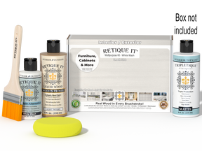 Retique It® Multipurpose Kit - White Wash with box not included, primer, White Wash Gel Stain Alternative, matte topcoat, brush, yellow sponge, and red graining tools.