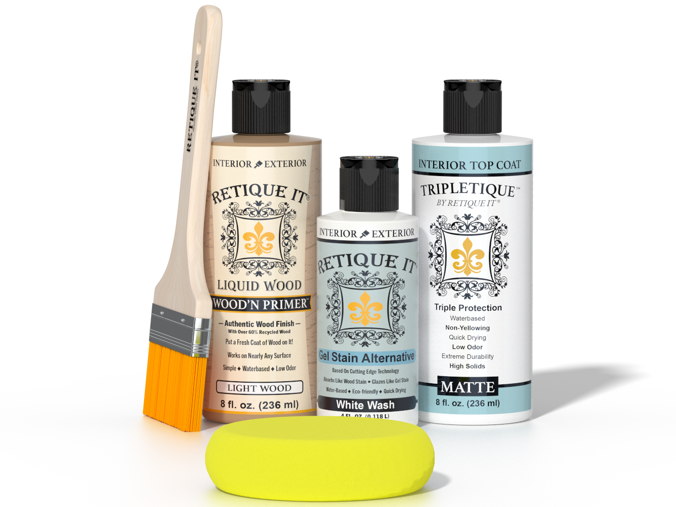 Retique It® Light Wood Wood’n Primer with White Wash Gel Stain Alternative, matte topcoat, brush, and yellow sponge on a reflective tabletop.