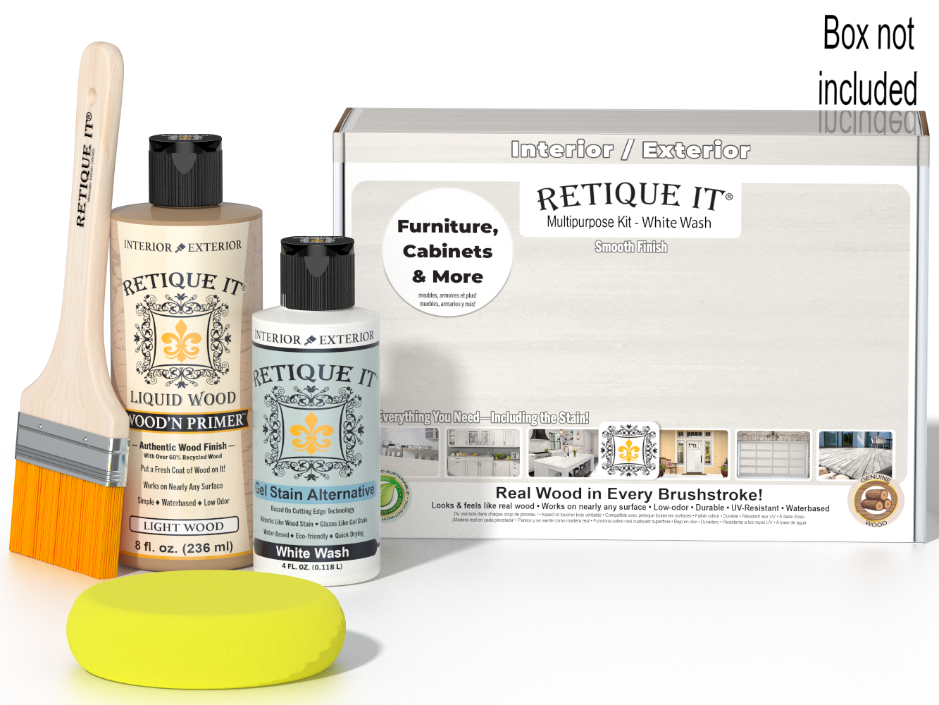 Retique It® Light Wood Wood’n Primer with White Wash Gel Stain Alternative, brush, yellow sponge, and box not included.