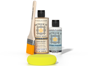 Retique It® Light Wood Wood’n Primer with White Wash Gel Stain Alternative, brush, and yellow sponge on a dark background.