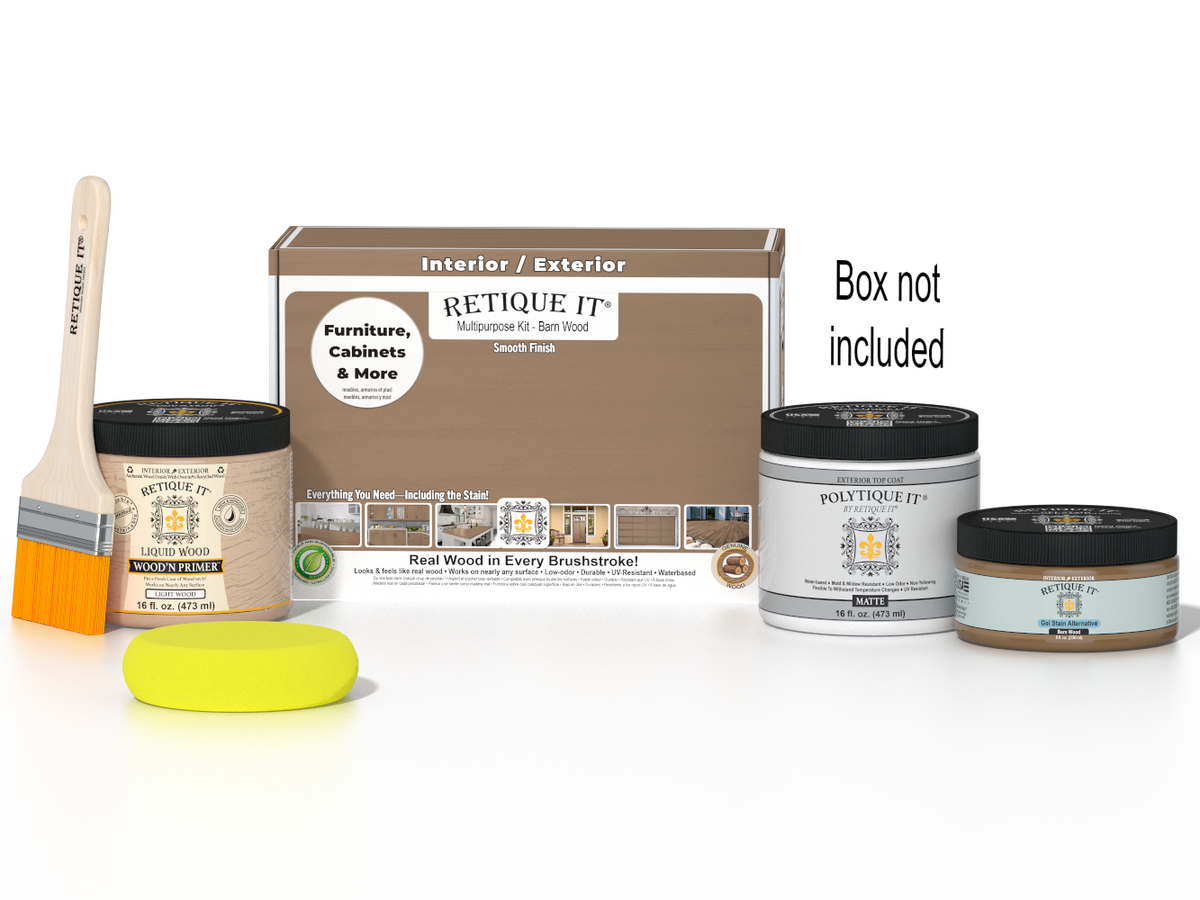Retique It Barn Wood Kit with box, Matte Polytique It, Light Wood Wood'n Primer, Barn Wood Gel Stain Alternative, paintbrush, and yellow sponge.