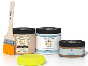 Retique It Barn Wood Kit with Matte Tripletique, Light Wood Wood'n Primer, Barn Wood Gel Stain Alternative, paintbrush, and yellow sponge.