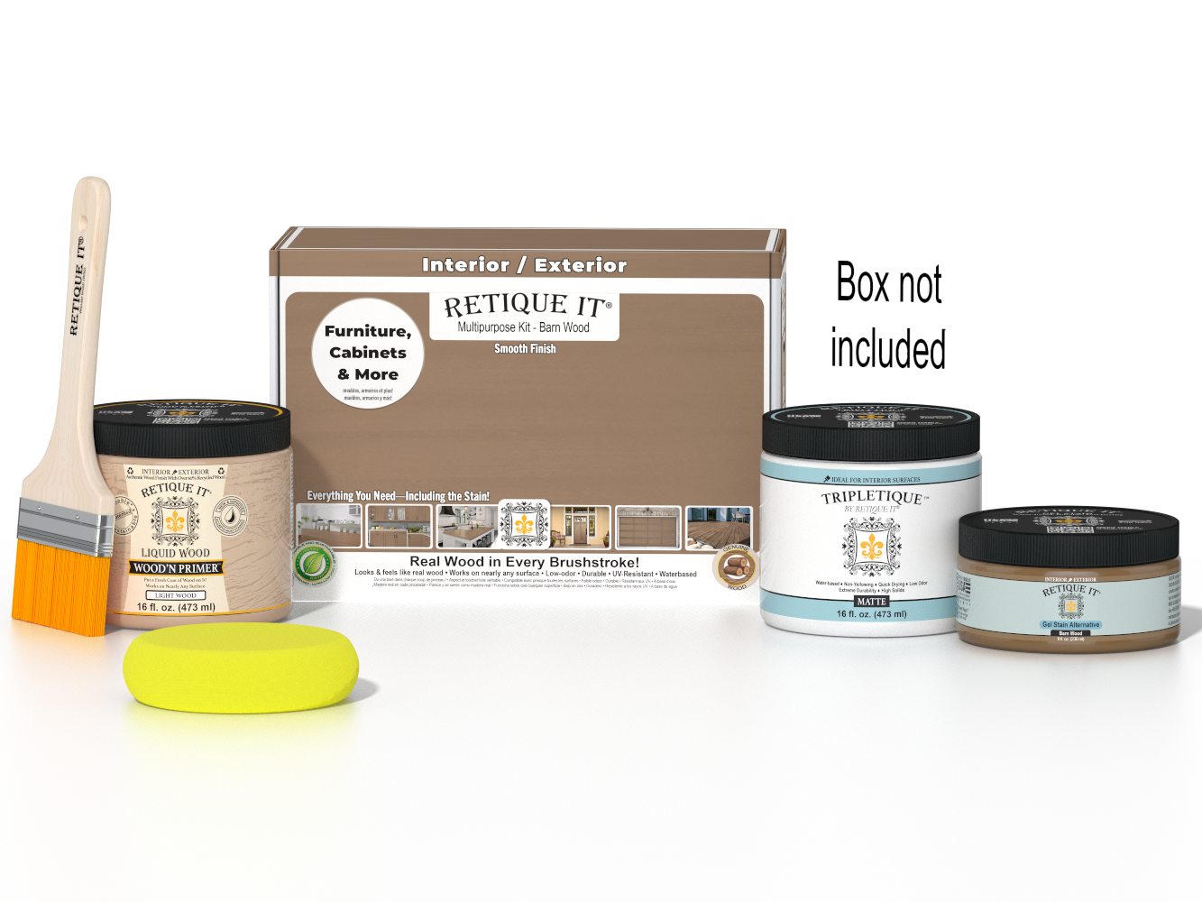 Retique It Barn Wood Kit with box, Matte Tripletique, Light Wood Wood'n Primer, Barn Wood Gel Stain Alternative, paintbrush, and yellow sponge.