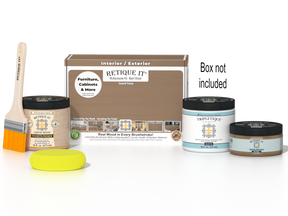 Retique It Barn Wood Kit with box, Matte Tripletique, Light Wood Wood'n Primer, Barn Wood Gel Stain Alternative, paintbrush, and yellow sponge.