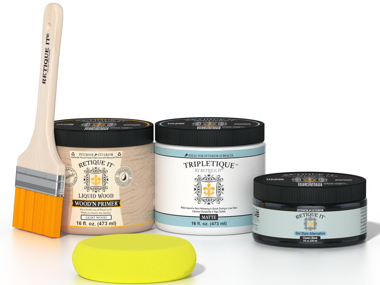 Retique It® Classic Black Brush-On Kit with Matte TripleTique® includes a brush, Light Wood primer, Classic Black Gel Stain Alternative, Matte TripleTique® top coat, and a yellow sponge.