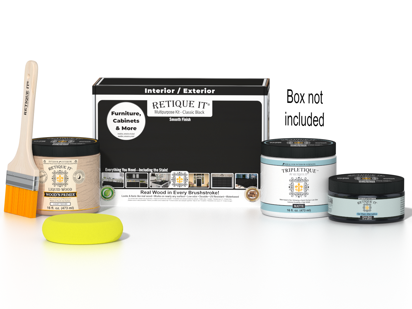 Retique It® Classic Black Brush-On Kit shown with the Classic Black Multipurpose Kit box, brush, Light Wood primer, Classic Black Gel Stain Alternative, Matte TripleTique® top coat, and a yellow sponge.