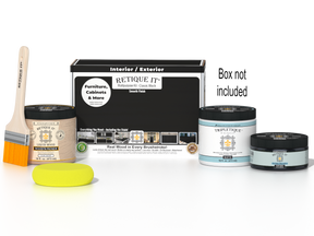 Retique It® Classic Black Brush-On Kit shown with the Classic Black Multipurpose Kit box, brush, Light Wood primer, Classic Black Gel Stain Alternative, Matte TripleTique® top coat, and a yellow sponge.