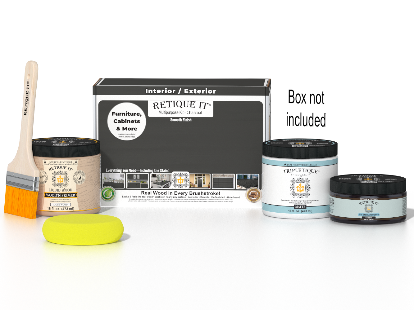 Retique It® Charcoal Brush-On Kit shown with the Charcoal Multipurpose Kit box, brush, Light Wood primer, Charcoal Gel Stain Alternative, Matte TripleTique® top coat, and a yellow sponge.