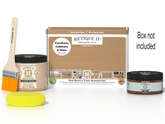 Retique It® Pecan Multipurpose Kit with Light Wood Liquid Wood primer, Pecan gel stain alternative, paintbrush, and yellow sponge displayed with the product box.