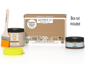 Retique It® Pecan Multipurpose Kit with Light Wood Liquid Wood primer, Pecan gel stain alternative, paintbrush, and yellow sponge displayed with the product box.