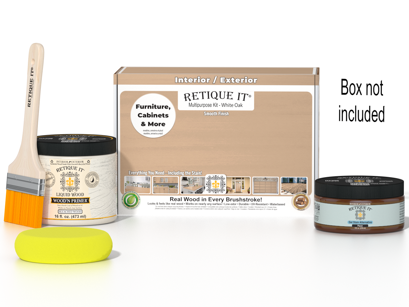 Retique It® White Oak Multipurpose Kit with Liquid Wood primer, gel stain alternative, paintbrush, and yellow sponge displayed in front of the product box.