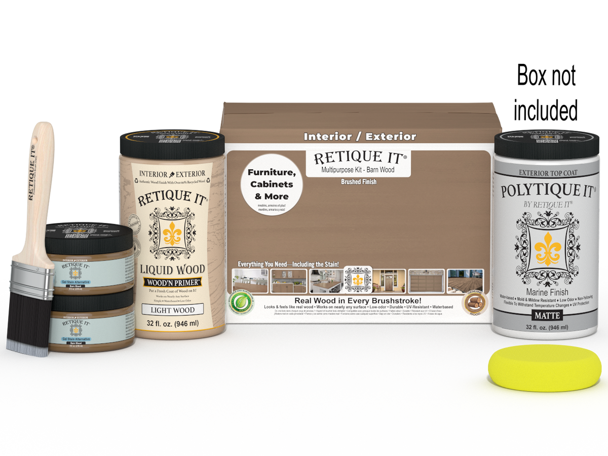 Large Barn Wood Finish Kit by Retique It® for exterior wood projects, includes smooth finish top coat and application tools.