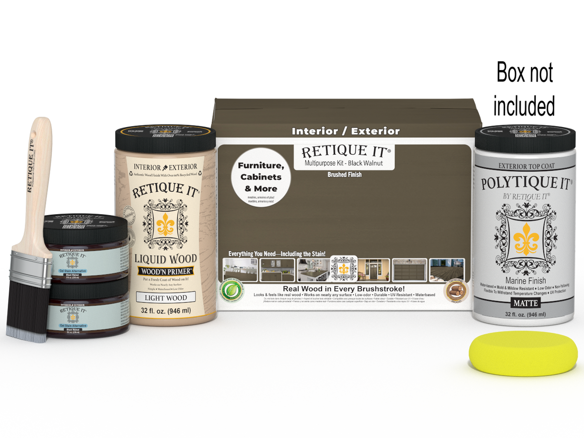 Retique It® large black walnut wood finish kit with smooth exterior top coat and application tools in the package.