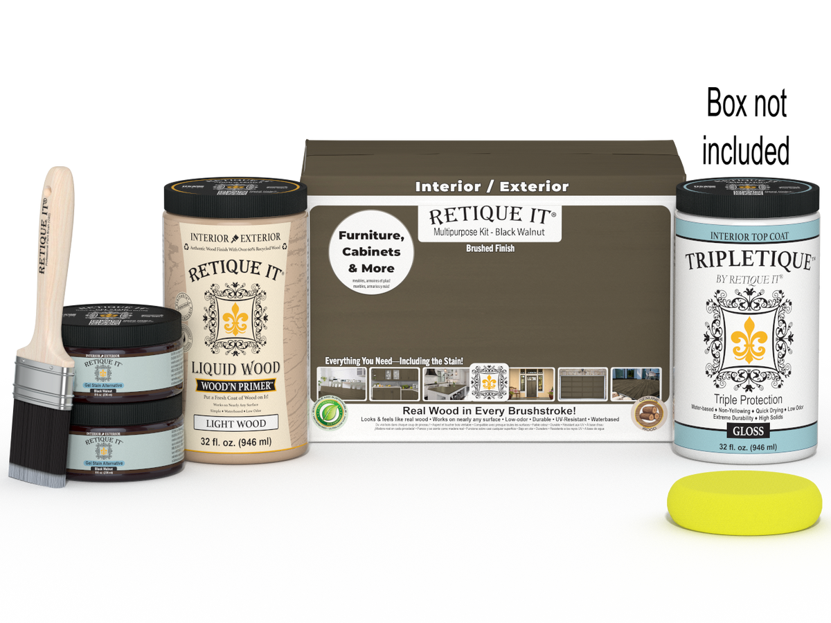 Retique It Multi-purpose Smooth Finish Kit Large in Black Walnut with interior top coat gloss, showing wood finish and application tools.